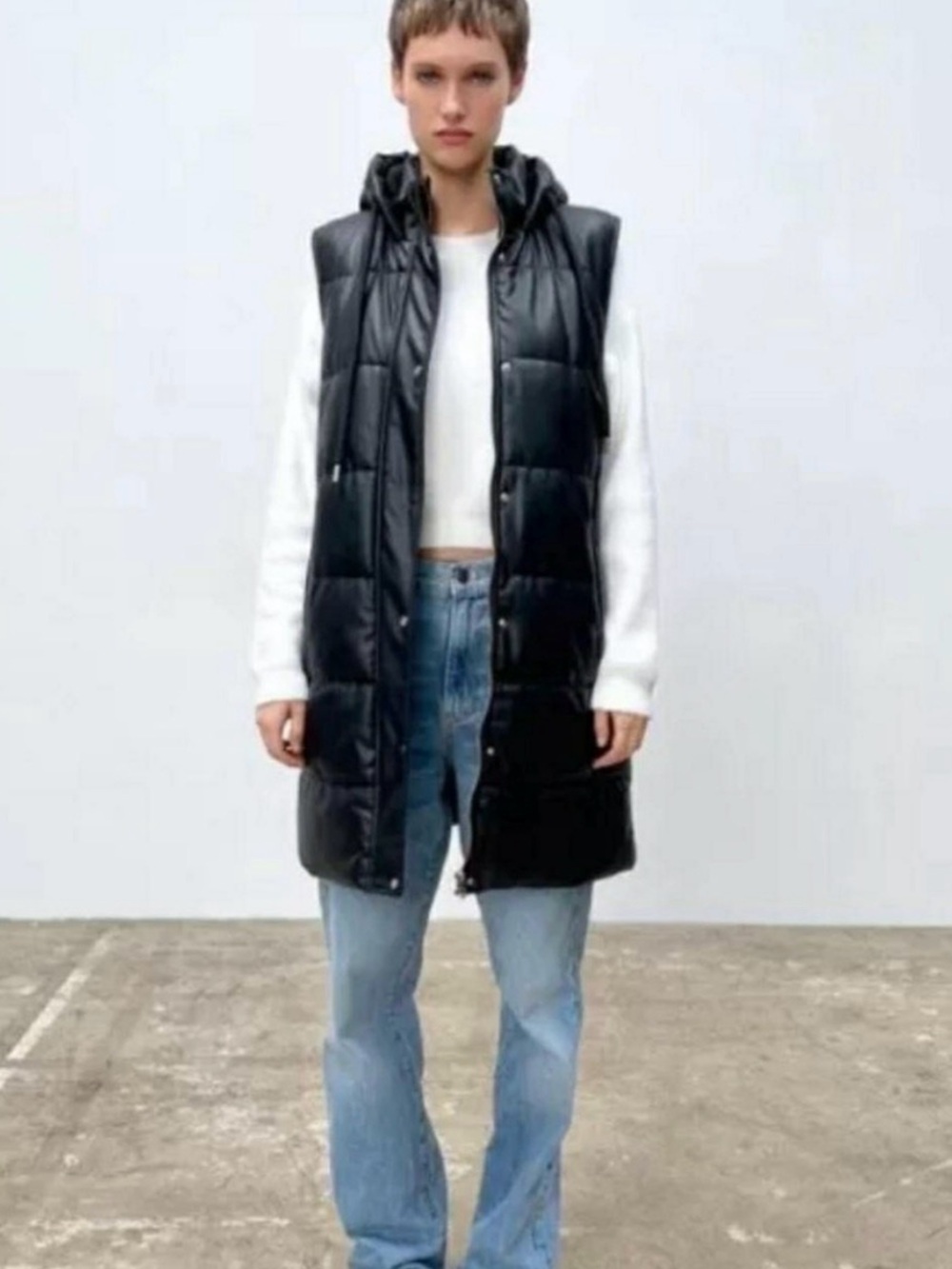Zara long quilted faux leather puffy vest